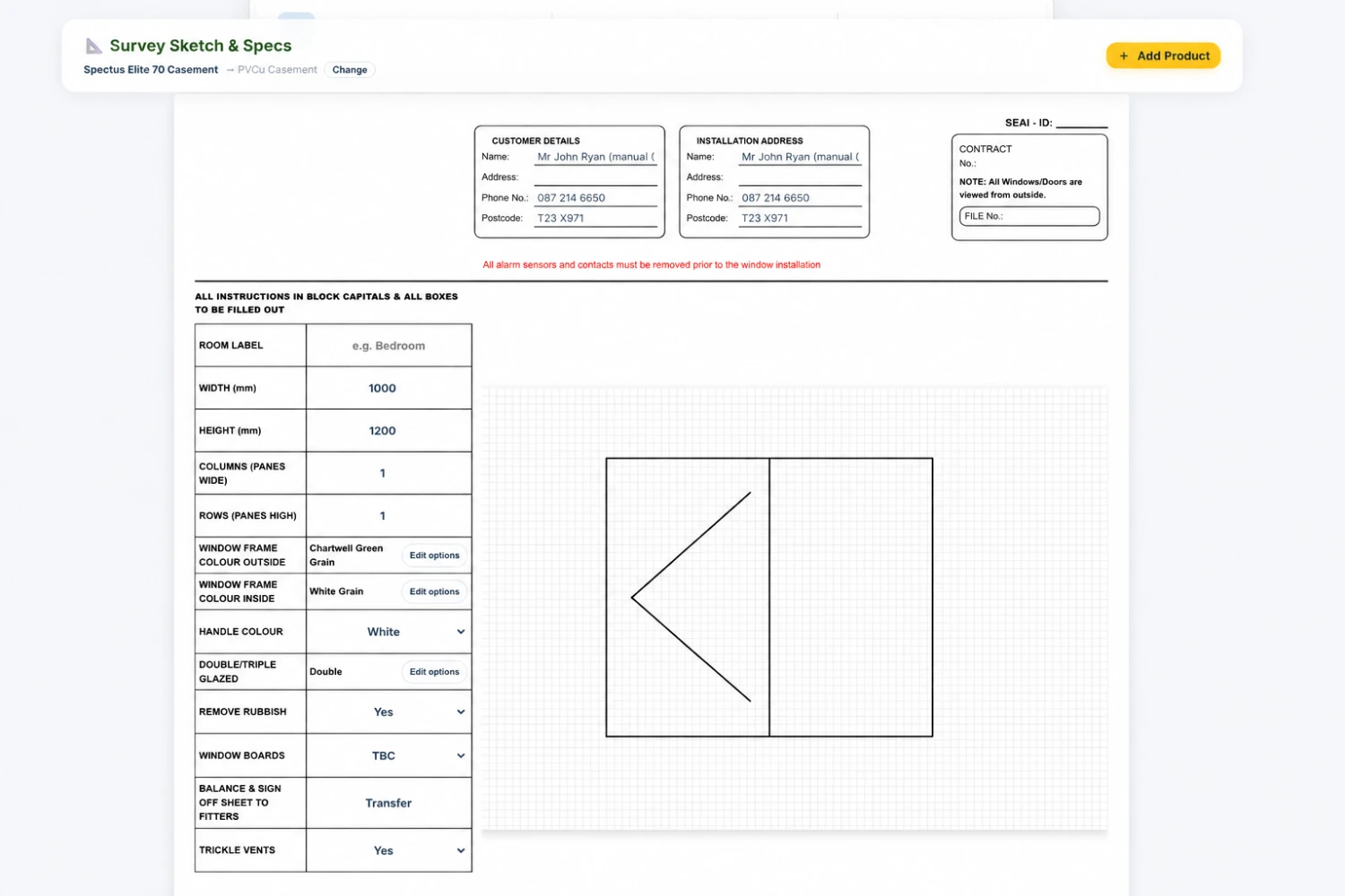 Team-supplied test-environment screenshot of the survey sketch and specification workspace.