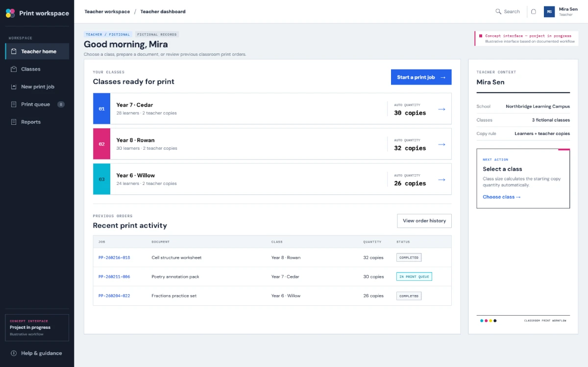 Illustrative PrintPortal teacher dashboard showing draft and finalised school print orders